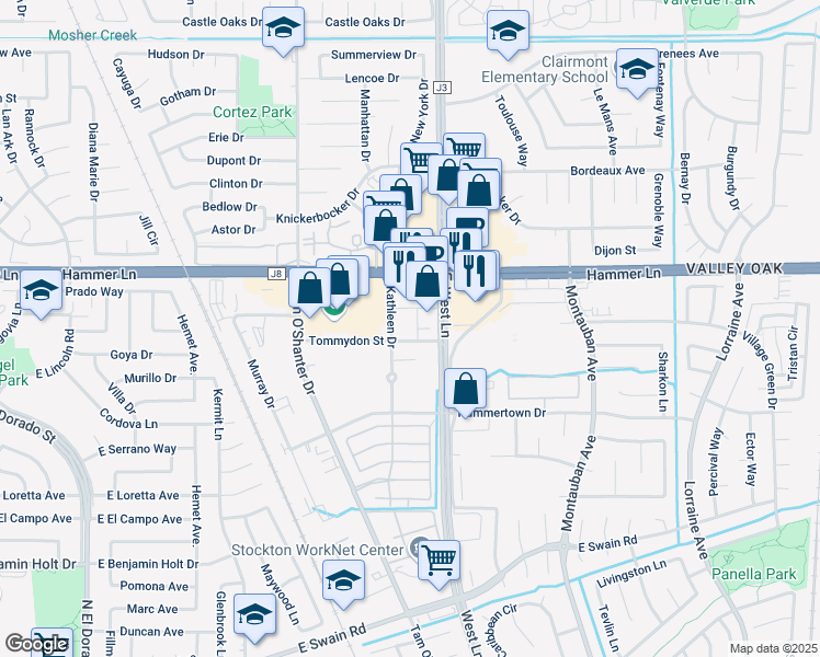 map of restaurants, bars, coffee shops, grocery stores, and more near 1305 Tommydon Street in Stockton