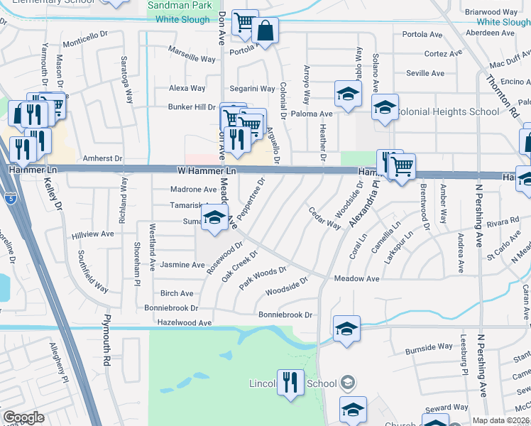 map of restaurants, bars, coffee shops, grocery stores, and more near 7613 Oak Creek Drive in Stockton