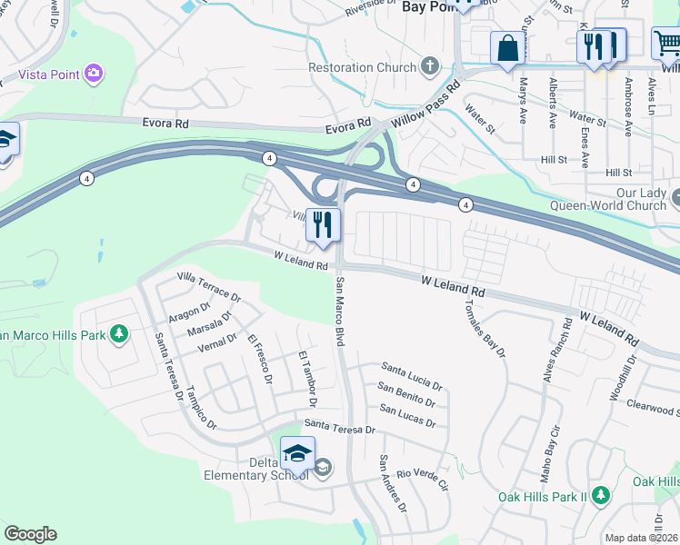 map of restaurants, bars, coffee shops, grocery stores, and more near 2000 Villa Drive in Pittsburg