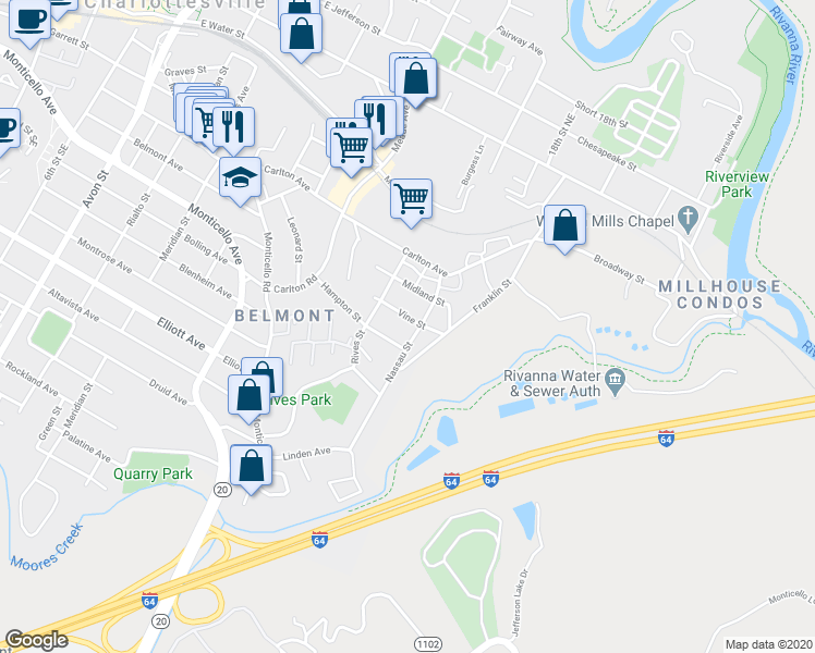 map of restaurants, bars, coffee shops, grocery stores, and more near 1411 Hampton Street in Charlottesville