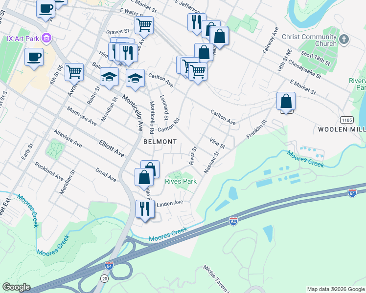 map of restaurants, bars, coffee shops, grocery stores, and more near 108 Waterbury Court in Charlottesville