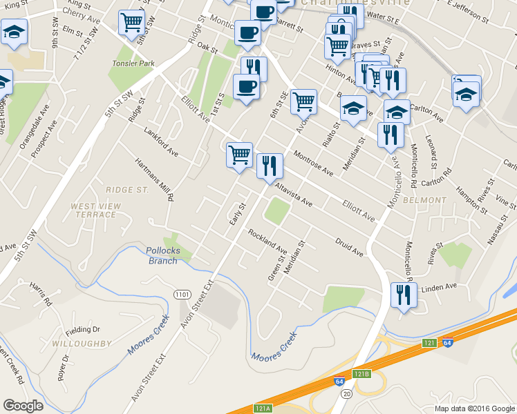 map of restaurants, bars, coffee shops, grocery stores, and more near 1304-1386 Avon Street in Charlottesville