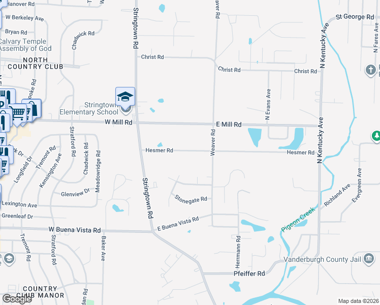 map of restaurants, bars, coffee shops, grocery stores, and more near 301-399 Hesmer Road in Evansville