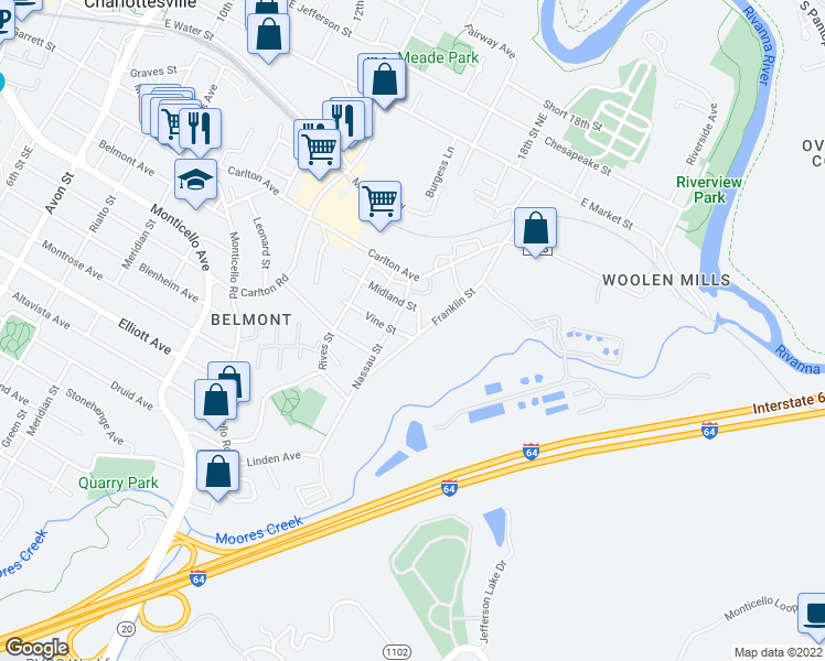 map of restaurants, bars, coffee shops, grocery stores, and more near 704 Franklin Street in Charlottesville