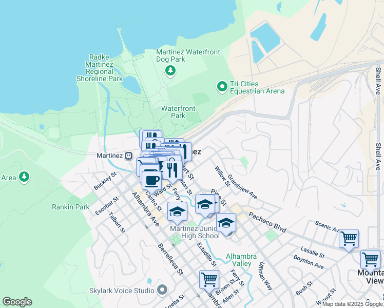 map of restaurants, bars, coffee shops, grocery stores, and more near 651 Pine Street in Martinez