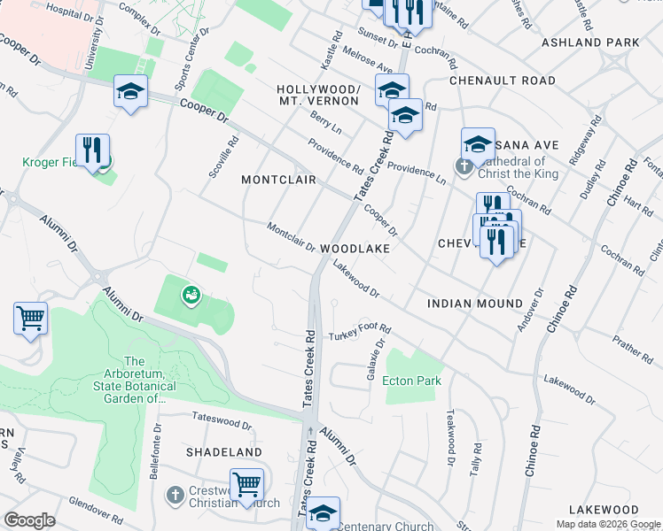 map of restaurants, bars, coffee shops, grocery stores, and more near 908 Lakewood Drive in Lexington
