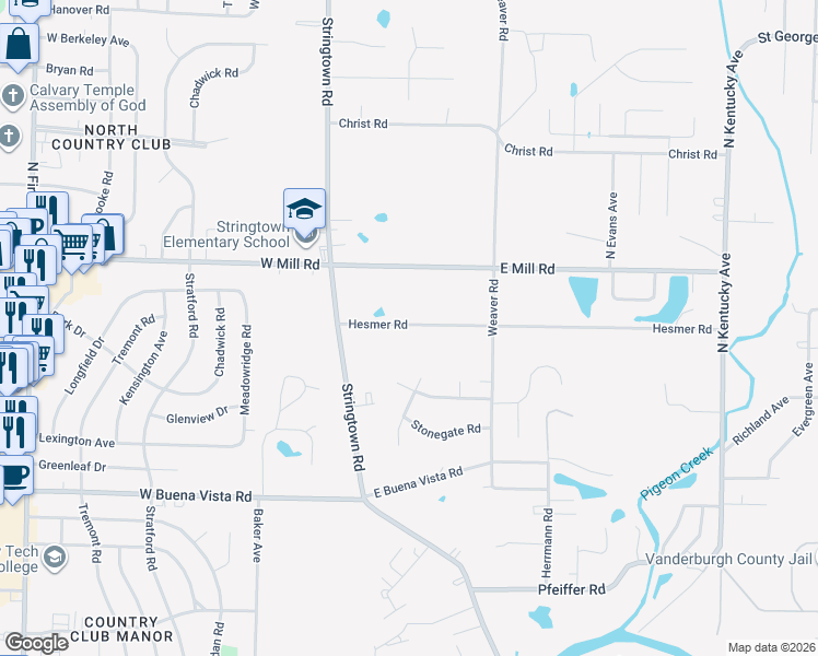 map of restaurants, bars, coffee shops, grocery stores, and more near 1-299 Hesmer Road in Evansville