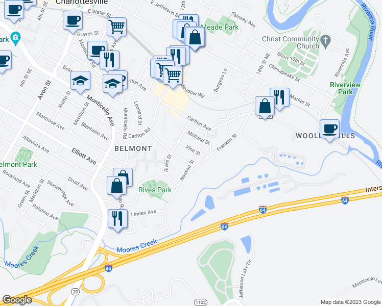 map of restaurants, bars, coffee shops, grocery stores, and more near 1412 Vine Street in Charlottesville