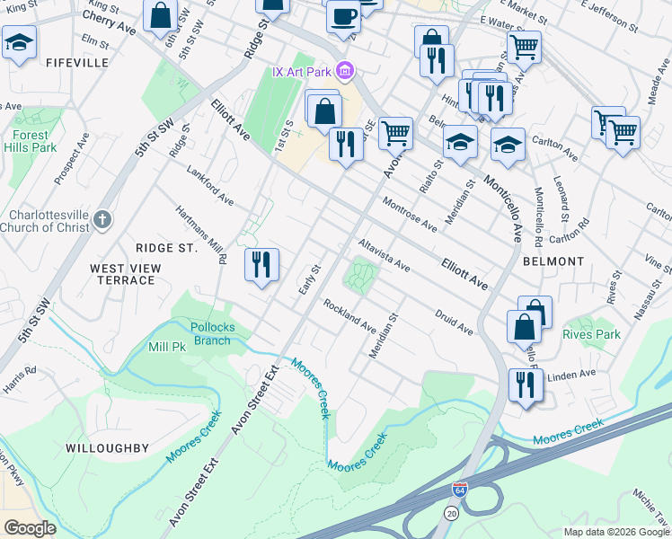 map of restaurants, bars, coffee shops, grocery stores, and more near 1304-1386 Avon Street in Charlottesville