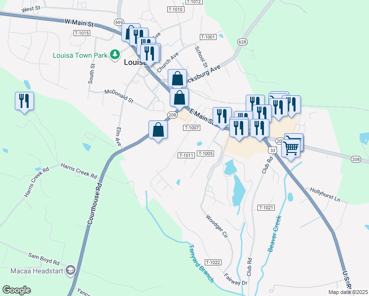 map of restaurants, bars, coffee shops, grocery stores, and more near 201 Carter Street in Louisa