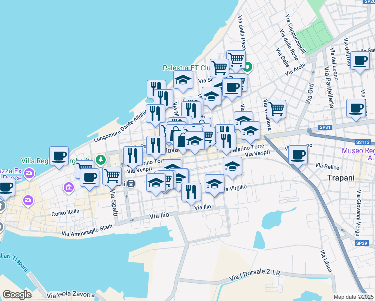 map of restaurants, bars, coffee shops, grocery stores, and more near 116 Via Giovanni Battista Fardella in Trapani