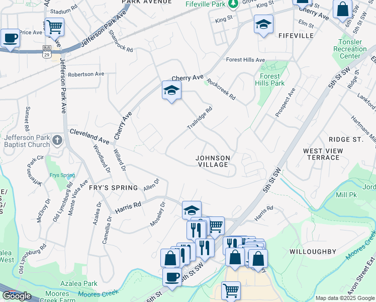map of restaurants, bars, coffee shops, grocery stores, and more near 108 Village Court in Charlottesville