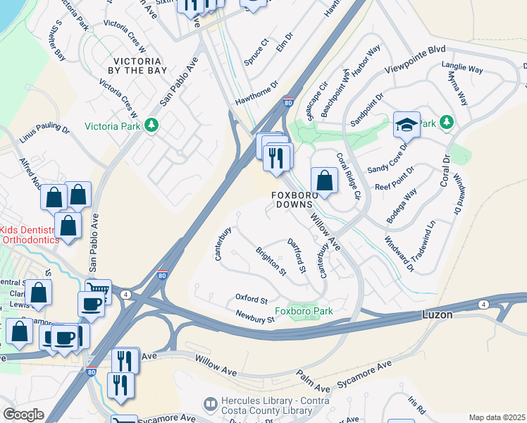 map of restaurants, bars, coffee shops, grocery stores, and more near 1505 Chelsea in Hercules