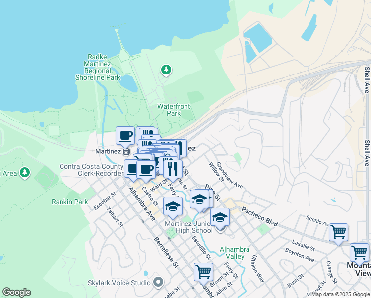 map of restaurants, bars, coffee shops, grocery stores, and more near 651 Pine Street in Martinez