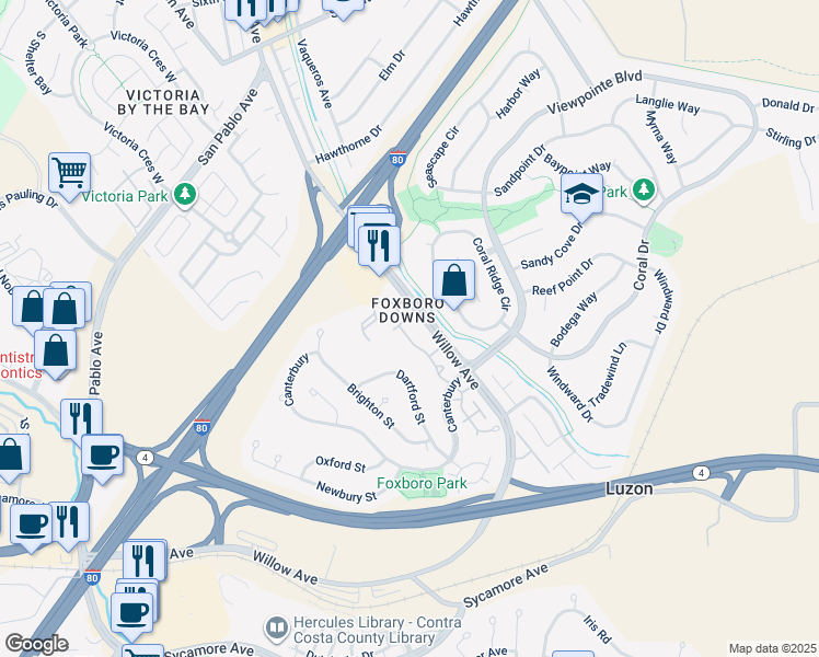 map of restaurants, bars, coffee shops, grocery stores, and more near 704 Windsor in Hercules