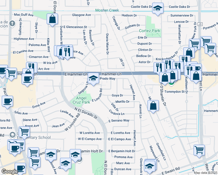 map of restaurants, bars, coffee shops, grocery stores, and more near 402 Berrendo Lane in Stockton