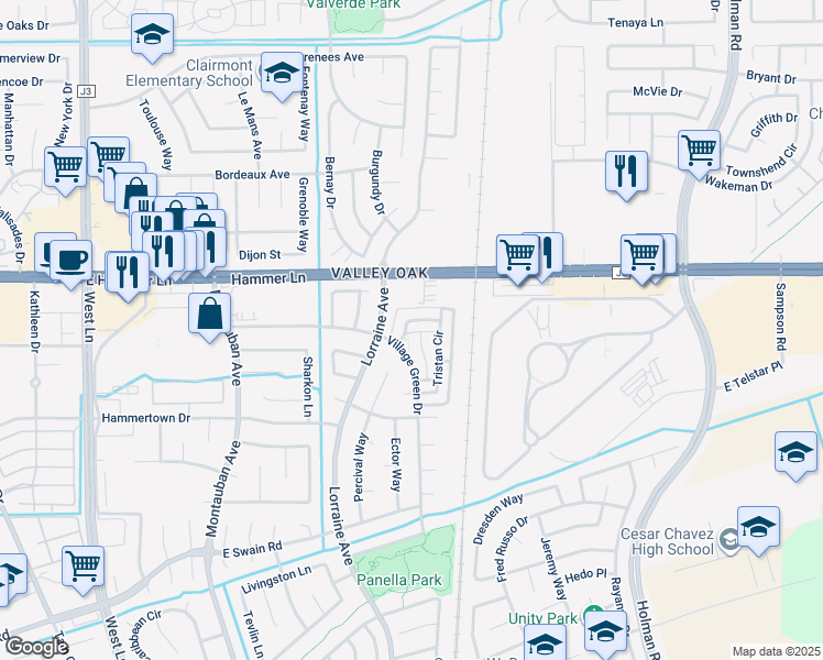 map of restaurants, bars, coffee shops, grocery stores, and more near 7330 Tristan Circle in Stockton