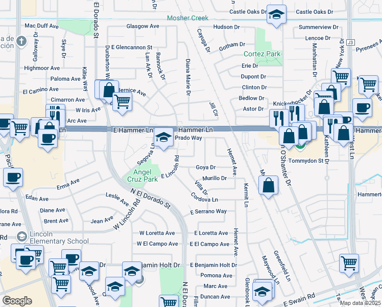 map of restaurants, bars, coffee shops, grocery stores, and more near 402 Berrendo Lane in Stockton