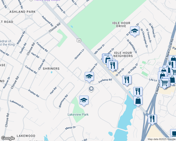 map of restaurants, bars, coffee shops, grocery stores, and more near 163 Lakeshore Drive in Lexington
