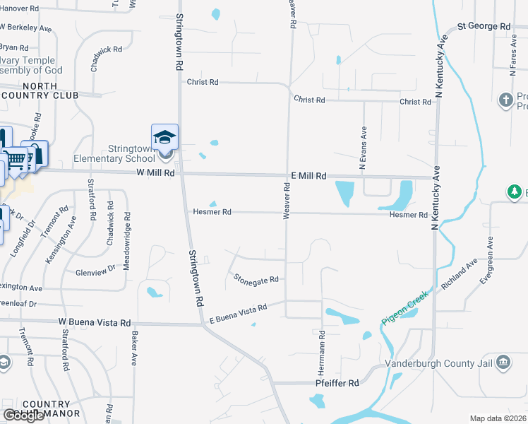 map of restaurants, bars, coffee shops, grocery stores, and more near 401 Hesmer Road in Evansville
