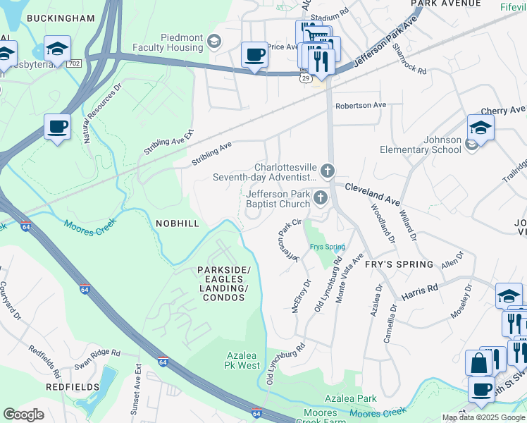map of restaurants, bars, coffee shops, grocery stores, and more near 309 Huntley Avenue in Charlottesville
