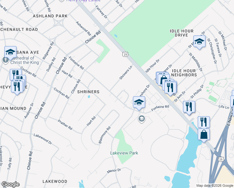 map of restaurants, bars, coffee shops, grocery stores, and more near 2018 Fontaine Road in Lexington