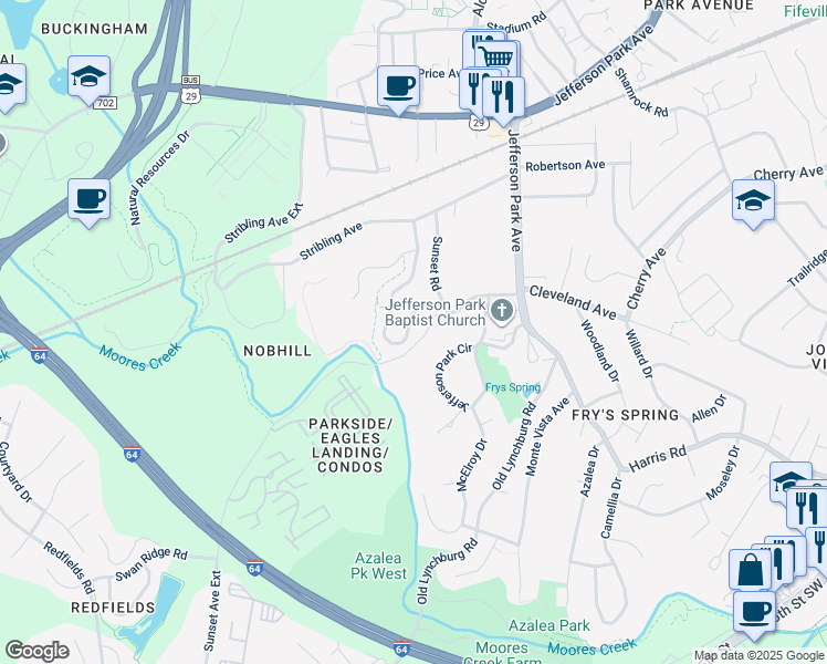 map of restaurants, bars, coffee shops, grocery stores, and more near 309 Huntley Avenue in Charlottesville