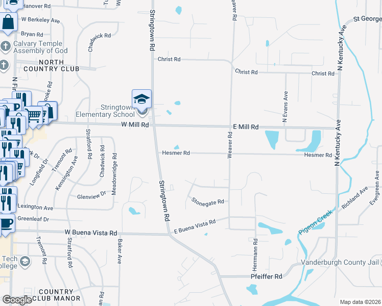 map of restaurants, bars, coffee shops, grocery stores, and more near 301 Hesmer Road in Evansville