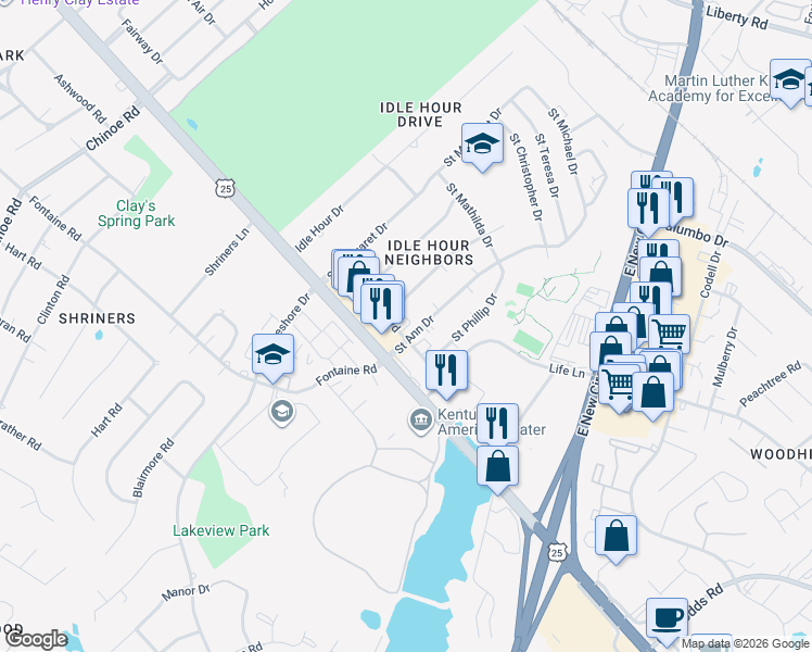 map of restaurants, bars, coffee shops, grocery stores, and more near 2201 Coburn Boulevard in Lexington