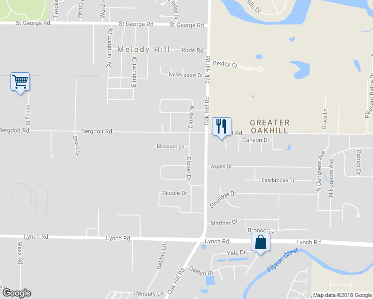 map of restaurants, bars, coffee shops, grocery stores, and more near 3021 Blossom Lane in Evansville