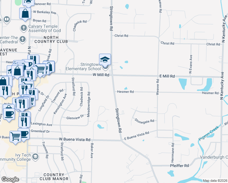 map of restaurants, bars, coffee shops, grocery stores, and more near 1 Hesmer Road in Evansville