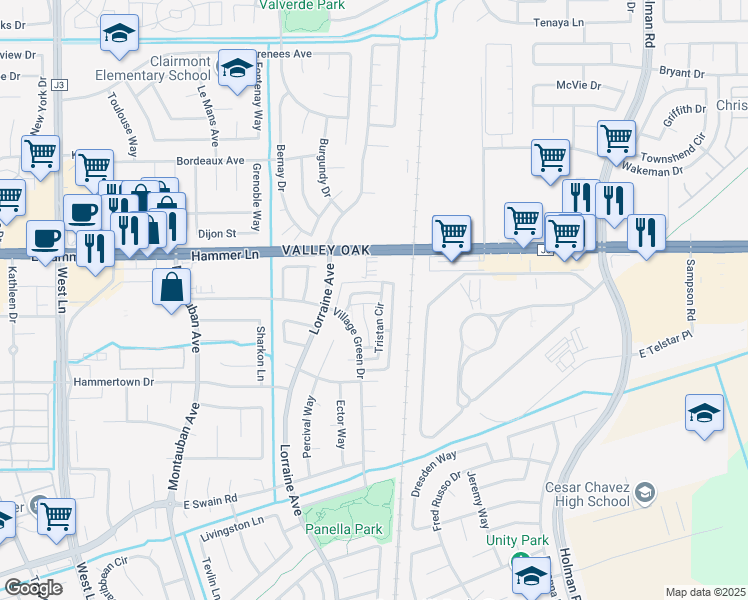 map of restaurants, bars, coffee shops, grocery stores, and more near 7211 Tristan Circle in Stockton