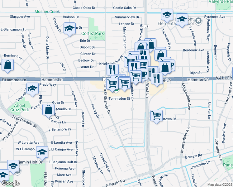 map of restaurants, bars, coffee shops, grocery stores, and more near 906 Tommydon Street in Stockton