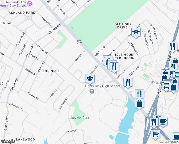 map of restaurants, bars, coffee shops, grocery stores, and more near 163 Lakeshore Drive in Lexington