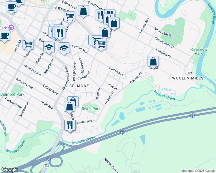 map of restaurants, bars, coffee shops, grocery stores, and more near 1411 Hampton Street in Charlottesville