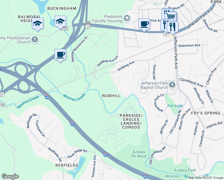 map of restaurants, bars, coffee shops, grocery stores, and more near 450 Nob Hill Circle in Charlottesville