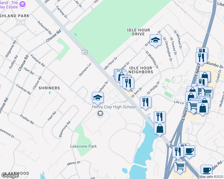 map of restaurants, bars, coffee shops, grocery stores, and more near 100 Lakeshore Drive in Lexington