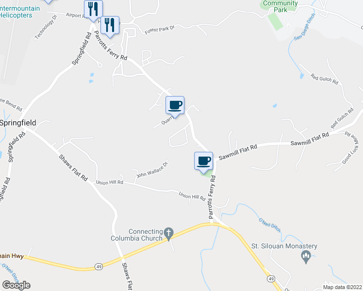 map of restaurants, bars, coffee shops, grocery stores, and more near 11334 Columbia Village Drive in Sonora