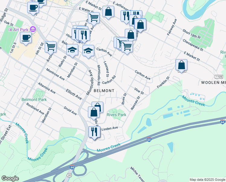 map of restaurants, bars, coffee shops, grocery stores, and more near 120 Waterbury Court in Charlottesville