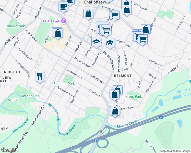 map of restaurants, bars, coffee shops, grocery stores, and more near 915 Elliott Avenue in Charlottesville