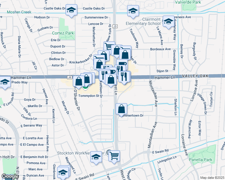 map of restaurants, bars, coffee shops, grocery stores, and more near 1305 Tommydon Street in Stockton