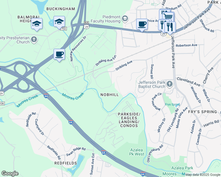 map of restaurants, bars, coffee shops, grocery stores, and more near 450 Nob Hill Circle in Charlottesville