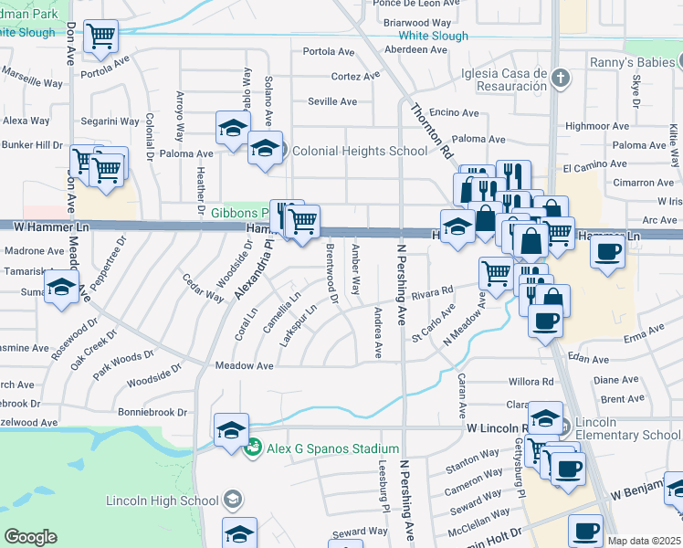 map of restaurants, bars, coffee shops, grocery stores, and more near 7762 Camellia Lane in Stockton