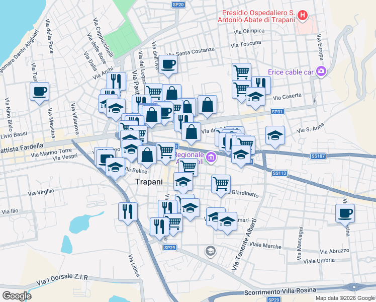 map of restaurants, bars, coffee shops, grocery stores, and more near 16 Via Dattero in Trapani