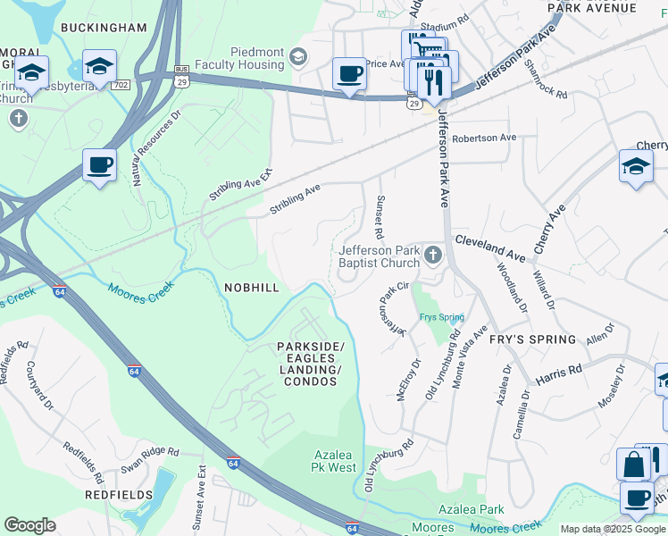 map of restaurants, bars, coffee shops, grocery stores, and more near 243 Huntley Avenue in Charlottesville