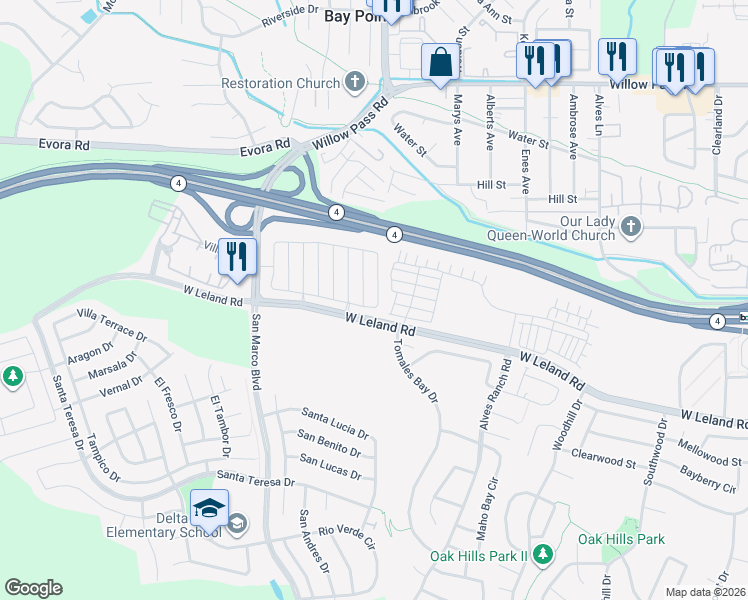 map of restaurants, bars, coffee shops, grocery stores, and more near 1548 Portofino Drive in Bay Point