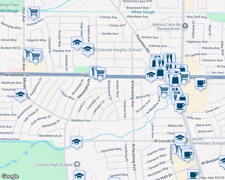 map of restaurants, bars, coffee shops, grocery stores, and more near 7762 Camellia Lane in Stockton