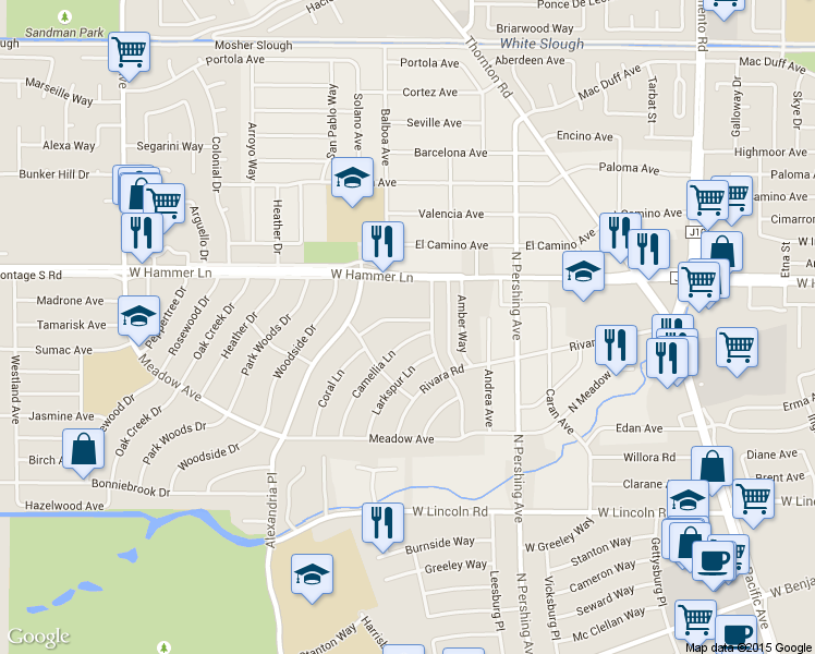 map of restaurants, bars, coffee shops, grocery stores, and more near 7525 Oakmont Drive in Stockton