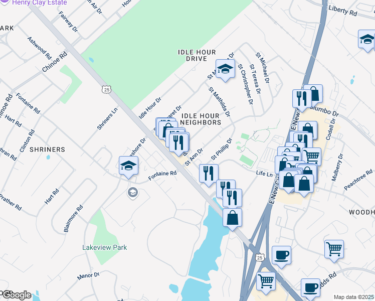 map of restaurants, bars, coffee shops, grocery stores, and more near 2195a Richmond Road in Lexington