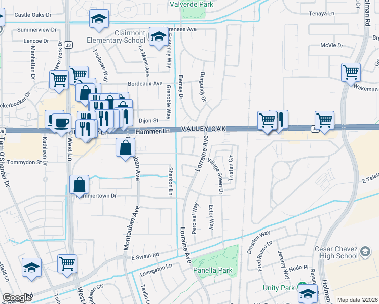 map of restaurants, bars, coffee shops, grocery stores, and more near 7439 Lorraine Avenue in Stockton